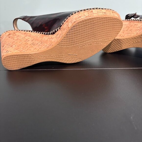 Stuart Weitzman Patent Leather Wedges Platform Peep Toe Tortoise Shell Size 9.5 - Picture 8 of 9